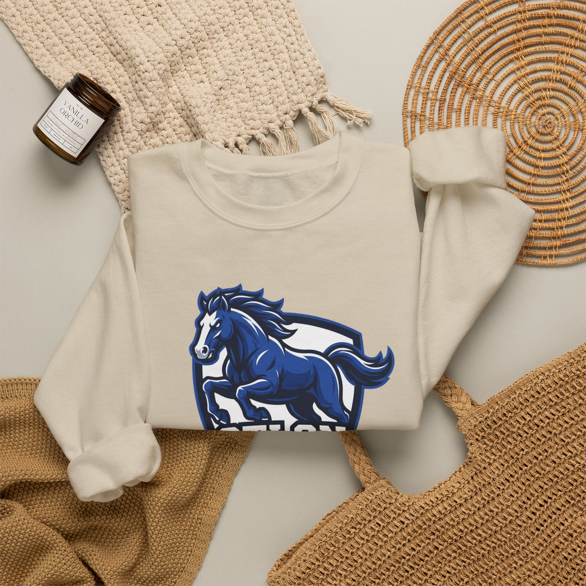 Otton Mustangs Crewneck Sweatshirt — Blue Mustang School Mascot Pullover