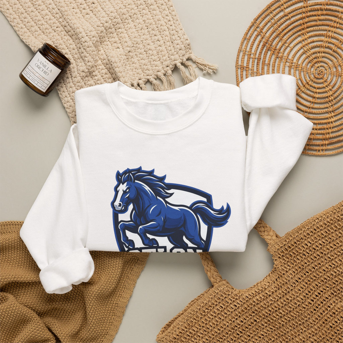 Otton Mustangs Crewneck Sweatshirt — Blue Mustang School Mascot Pullover